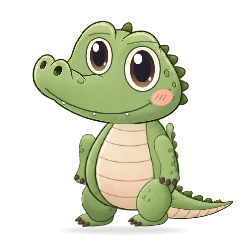 Croco, a sage-green crocodile with bright brown eyes and a gentle smile